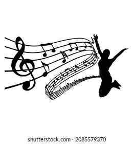Music notes wave with man, Black vector illustration.