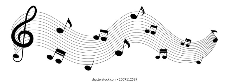 Music notes. Wave of music melody black design notes with clef on a white background. Music notes silhouettes. Vector illustration. eps 10