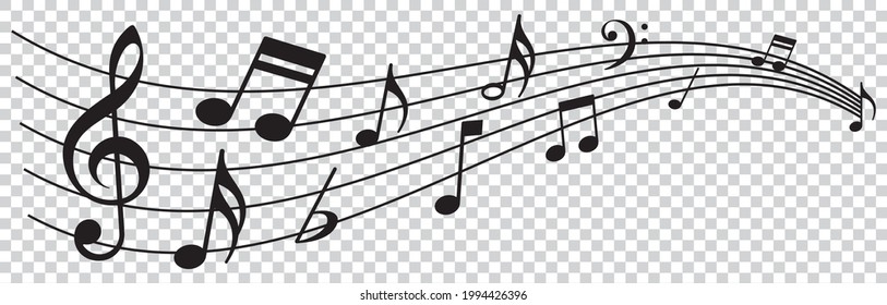 Music notes wave, musical notes on transparent background, Music notes decorative background, vector illustration