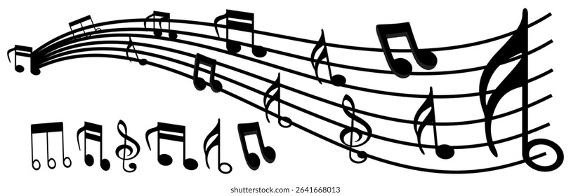 Music notes wave, musical notes on transparent background, Music notes decorative background, vector illustration