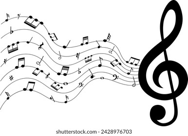 Music notes wave, musical treble clef, vector illustration.