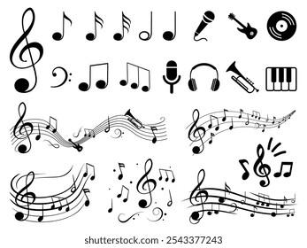 Music notes wave set, collection group musical notes abstract – vector