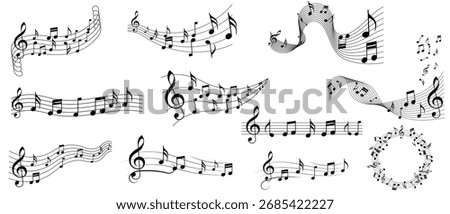 Music notes wave set, group musical notes wave line with Music music keys icon set on white background. musical notes wave, clef, musical instruments, vector illustration. 