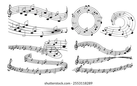 Conjunto de ondas de notas musicales. Notas de medio, cuarto, octavo y triplete. Melodías musicales y canciones. Paquete de patrones y adornos. Colección plana del Vector aislada en el fondo blanco