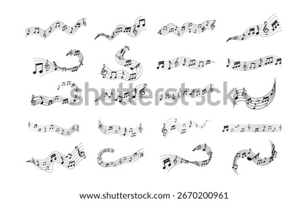 Music notes wave set vector illustration with flowing melody lines, treble and bass clef icons.