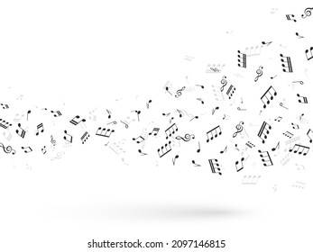 Music notes wave. Swirl black note bearer, symphony stave key harmony, flowing sound graphic, pouring melody, treble clef, poster or banner, vector black elements