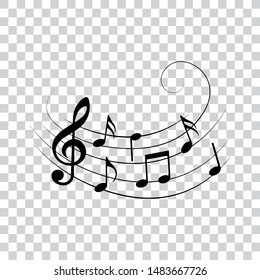 Music notes wave with swirl, vector illustration.