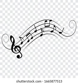 Music notes, wave with swirls, isolated, vector illustration.