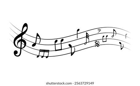 Music notes waves on a white, Curve musical signs, sound wave line symbol.