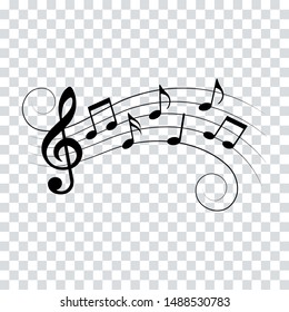 Music notes, waves with swirls, vector illustration.