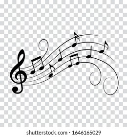 Music notes, wavy design with swirls, vector illustration.