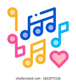 Music Notes Wedding Dance Thin Line Vector Icon. Love Symbol Heart And Music Notes Element Linear Pictogram. Party Preparation And Marriage Template Contour Concept Illustration