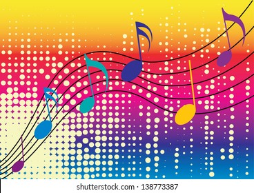 music notes with white dots and rainbow background