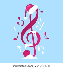 Music notes winter design, treble clef with melting snow and Santa hat, pink and white symbols, vector illustration.