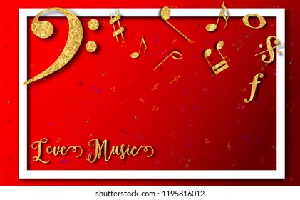 Music notes,staff background,G-clef and musical notation.symbols value.with glitter gold texture,light,stars patterned paper cut art style.Vector illustration for cover,Brochure,Poster,banner.flyer