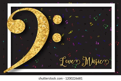 Music notes,staff background,G-clef and musical notation.symbols value.with glitter gold texture,light,stars patterned paper cut art style.Vector illustration for cover,Brochure,Poster,banner.flyer