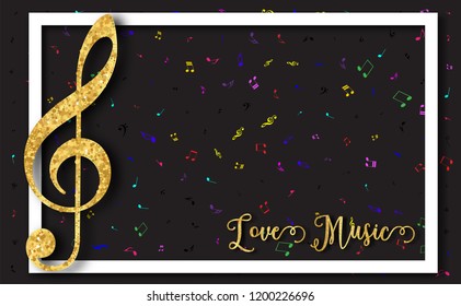 Music notes,staff background,G-clef and musical notation.symbols value.with glitter gold texture,light,stars patterned paper cut art style.Vector illustration for cover,Brochure,Poster,banner.flyer