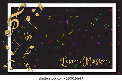 Music notes,staff background,G-clef and musical notation.symbols value.with glitter gold texture,light,stars patterned paper cut art style.Vector illustration for cover,Brochure,Poster,banner.flyer