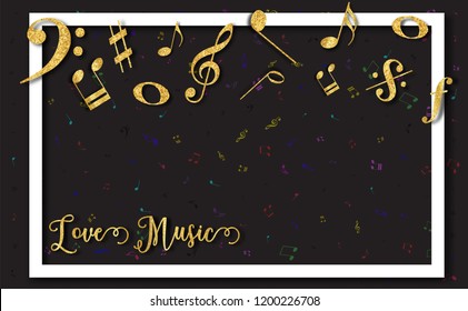 Music notes,staff background,G-clef and musical notation.symbols value.with glitter gold texture,light,stars patterned paper cut art style.Vector illustration for cover,Brochure,Poster,banner.flyer