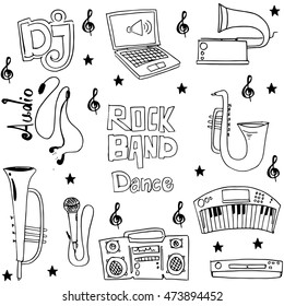 Music object doodles on white backgrounds illustration