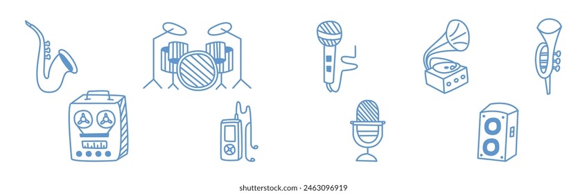 Music Object and Instrument Blue Line Element Vector Set