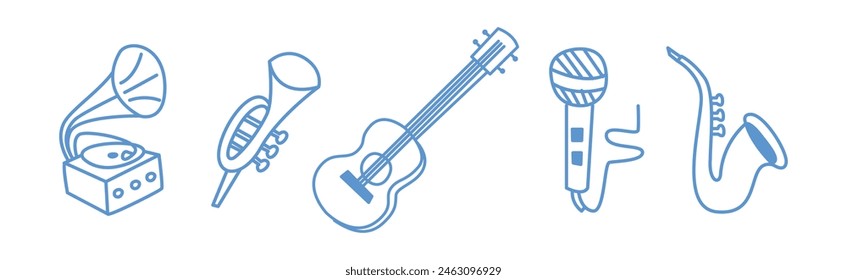 Music Object and Instrument Blue Line Element Vector Set
