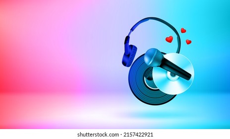 Music objects. Vector 3d banner with copy space