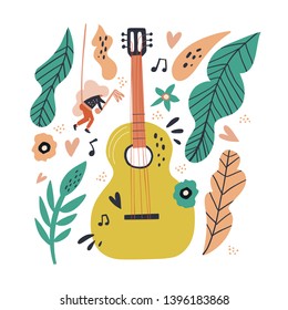 Music obsession metaphor flat illustration. Cartoon girl near huge guitar hand drawn character. Scandinavian style decorative leaves, flowers. Music festival promo banner, poster design element 
