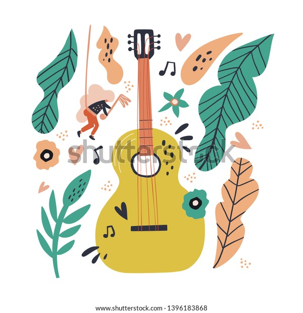 音楽の執着性の比喩がフラットイラスト 巨大なギターの手描きのキャラクターの近くに漫画の女の子 北欧風の装飾的な葉 花 音楽祭のプロモーションバナー ポスターデザインエレメント のベクター画像素材 ロイヤリティフリー