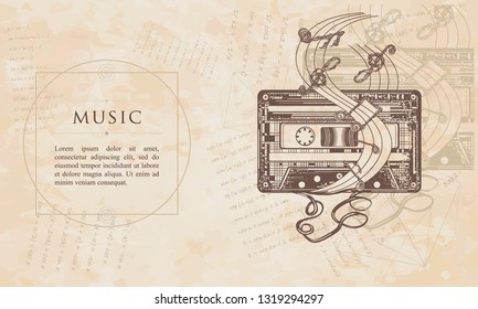 Music. Old Audio Cassette And Music Notes. Renaissance Background. Medieval Manuscript, Engraving Art 