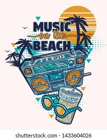 Music on the beach - summer party decorative design - boombox, drink, sunglasses and palms on sunset 