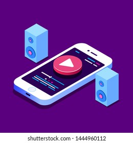 Music on mobile phone, play button on screen of smartphone, music player, digital technology, remote education, Internet course watch flat vector illustration EPS