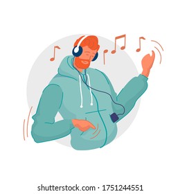 Music on phone. Focused man listening to music on smart phone player and having fun. Music lover wearing headphones and enjoying modern song audio sound technology