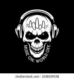 Music on world off skull in headphones t-shirt design, print, poster, badge, label. Music related motivational quote. Sound wave. Vector vintage illustration.