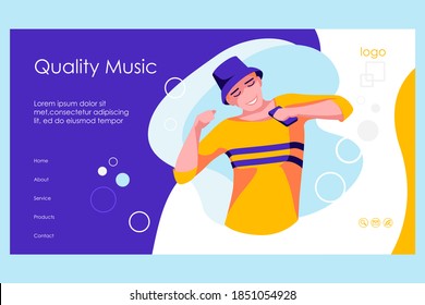 Music online landing page template. Young man in headphones listening to music on smartphone. Music streaming service, audio playlist application, new music fast download flat vector illustration