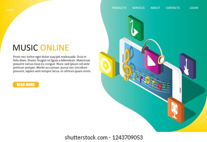 Music online landing page website template. Vector isometric smartphone with treble clef and notes, play button in headphones. Music streaming apps and services.