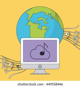 Music online represented by Computer, cloud and music note icon. Colorfull and Flat illustration