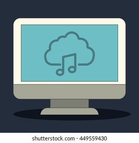 Music online represented by Computer, cloud and music note icon. Colorfull and Flat illustration