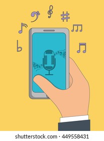 Music online represented by smartphone, microphone and music note icon. Colorfull and Flat illustration