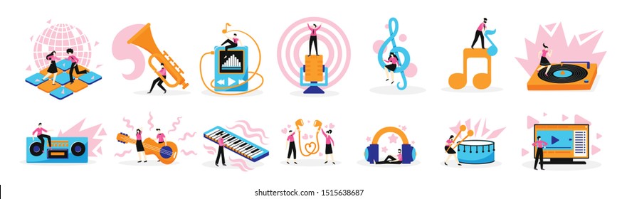 Music online symbols note instruments electronic devices flat icons set with treble clef guitar player vector illustration 