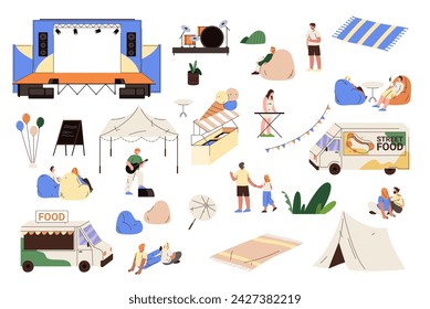 Music open air festival elements for location setup. Vector isolated icons of stage and people, street food trucks and musicians, tents and recreation for visitors. Weekend fun and rest