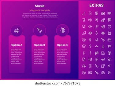 Music options infographic template, elements and icons. Infograph includes line icon set with musical instruments, music notes, mic, smartphone with mobile application, vinyl record, equalizer etc.