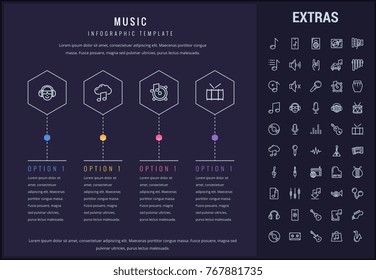Music options infographic template, elements and icons. Infograph includes line icon set with musical instruments, music notes, mic, smartphone with mobile application, vinyl record, equalizer etc.
