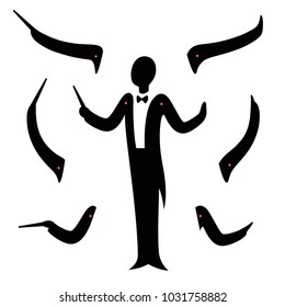 Music orchestra conductor constructor set. Stylized silhouette in tuxedo suit with hands in different poses. Character creation for animation, vector illustration.
