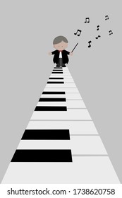 Music orchestra conductor in tuxedo suit with baton and music notes stand on piano keyboard icon cartoon vector illustration.
