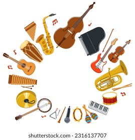 Music orchestra different instruments frame vector flat illustration, live sound concert or festival, musical band or orchestra playing and singing songs, elements can be used separately.