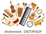 Music orchestra diverse instruments vector flat illustration isolated on white background, live sound concert or festival, musical band or orchestra playing and singing songs.