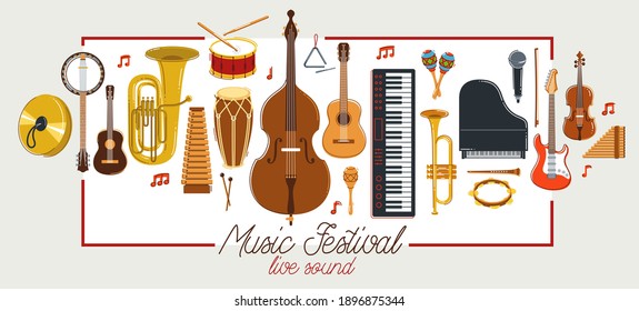 Orquesta musical con diversos instrumentos vectorial afiche plano, concierto o festival de sonido en vivo, banda musical o orquesta tocando y cantando canciones de carteles o pancartas publicitarios.