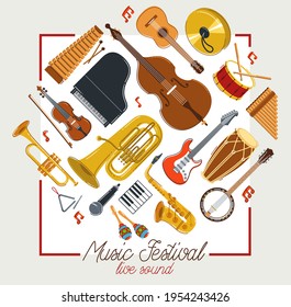 Music orchestra diverse instruments vector flat poster, live sound concert or festival, musical band or orchestra playing and singing songs advertising flyer or banner.