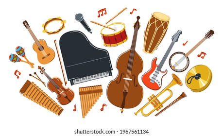 Music orchestra diverse instruments vector flat illustration isolated on white background, live sound concert or festival, musical band or orchestra playing and singing songs.